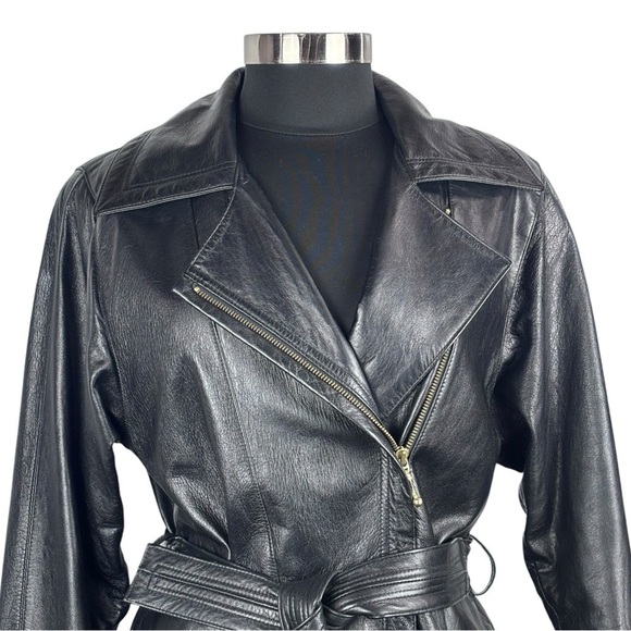 VINTAGE PROMODA GENUINE LEATHER BLACK CLASSIC ASYMMETRIC ZIP FRONT BELTED JACKET - Picture 8 of 16